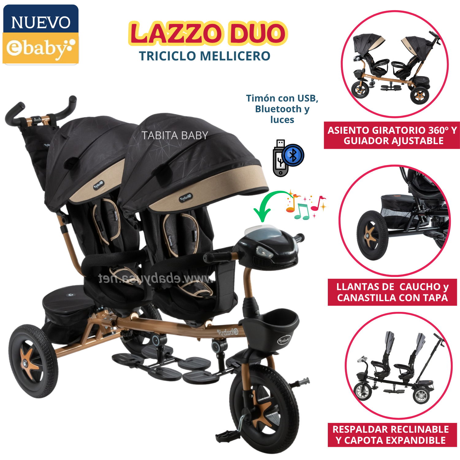 TRICICLO GUIADOR GEMELAR LAZZO BEIGE - 1