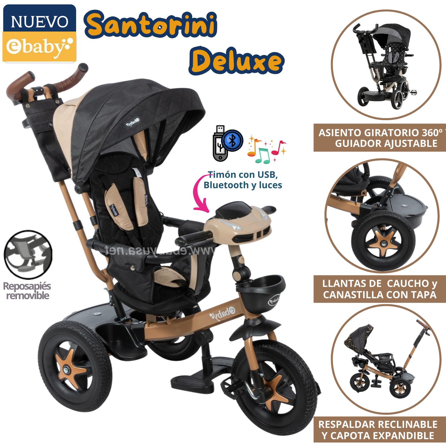 TRICICLO GUIADOR Y MUSICAL SANTORINI BEIGE - 1