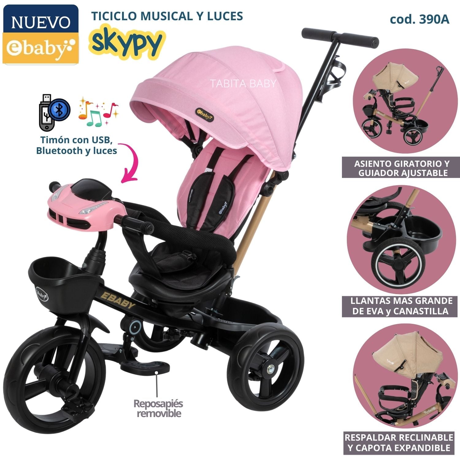 TRICICLO PARA NIÑO MUSICAL Y LUCES SKYPY ROSADO - 1