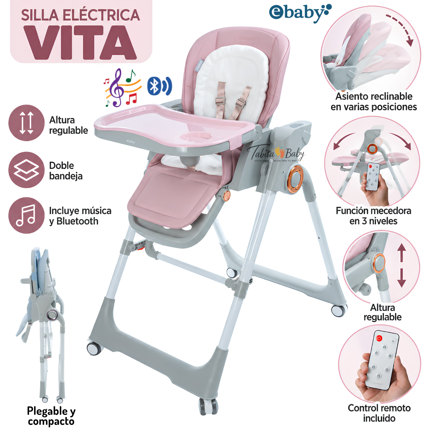 SILLA DE COMER ELECTRICA MUSICAL Y MECEDORA VITA ROSADO - 1