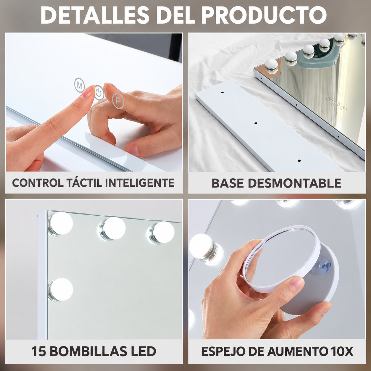 ESPEJO PROFESIONAL DE MAQUILLAJE CON LUCES TÁCTIL 58 X 46 CM BLANCO - 7