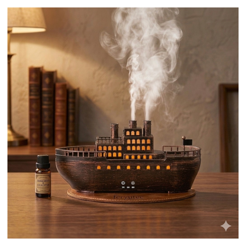 HUMIDIFICADOR Y DIFUSOR DE AROMAS DISEÑO BARCO DE VAPOR CLÁSICO - TEMPORIZADOR - 2