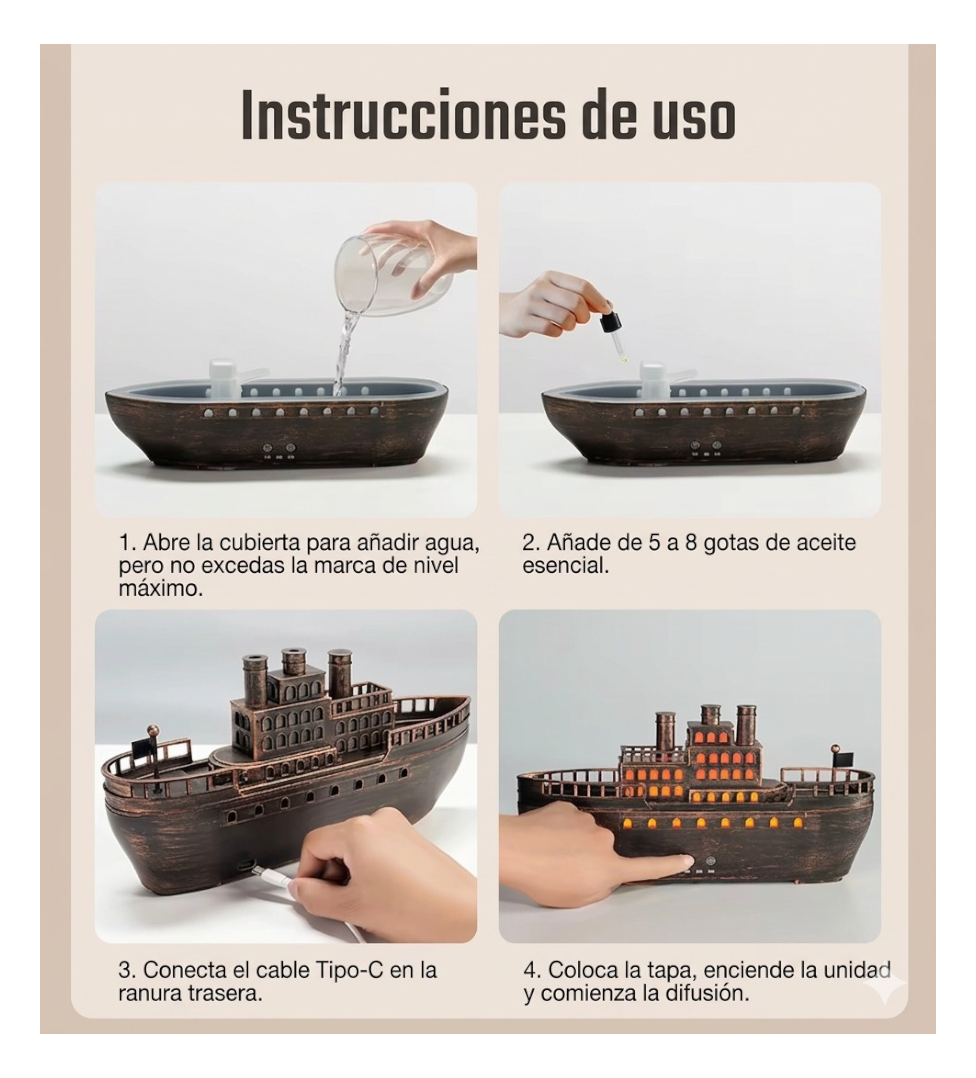 HUMIDIFICADOR Y DIFUSOR DE AROMAS DISEÑO BARCO DE VAPOR CLÁSICO - TEMPORIZADOR - 5