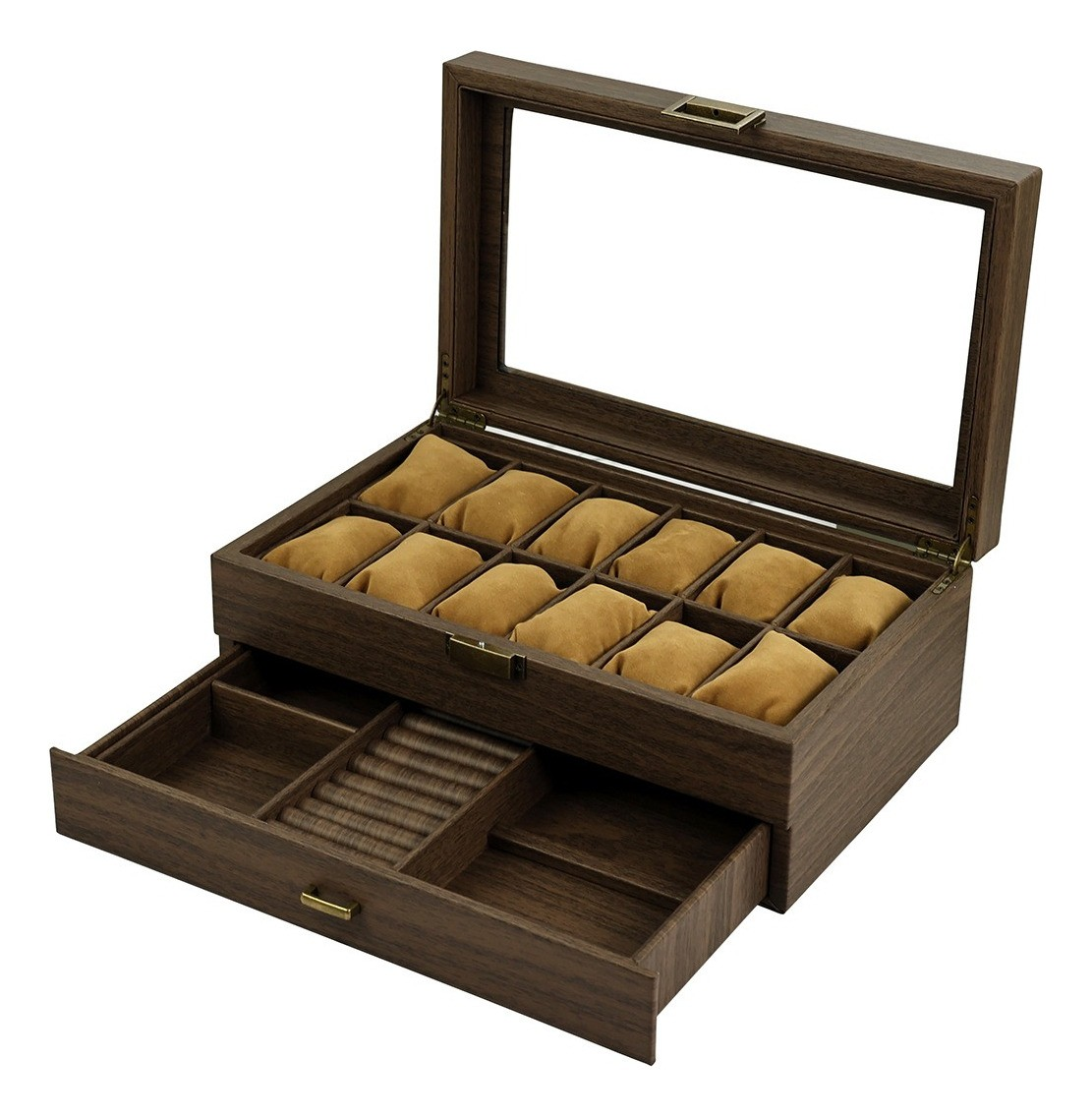 ORGANIZADOR DE RELOJES DE MADERA DE 12 COMPARTIMENTOS CON CAJÓN JOYERO Y TAPA DE VIDRIO - 4