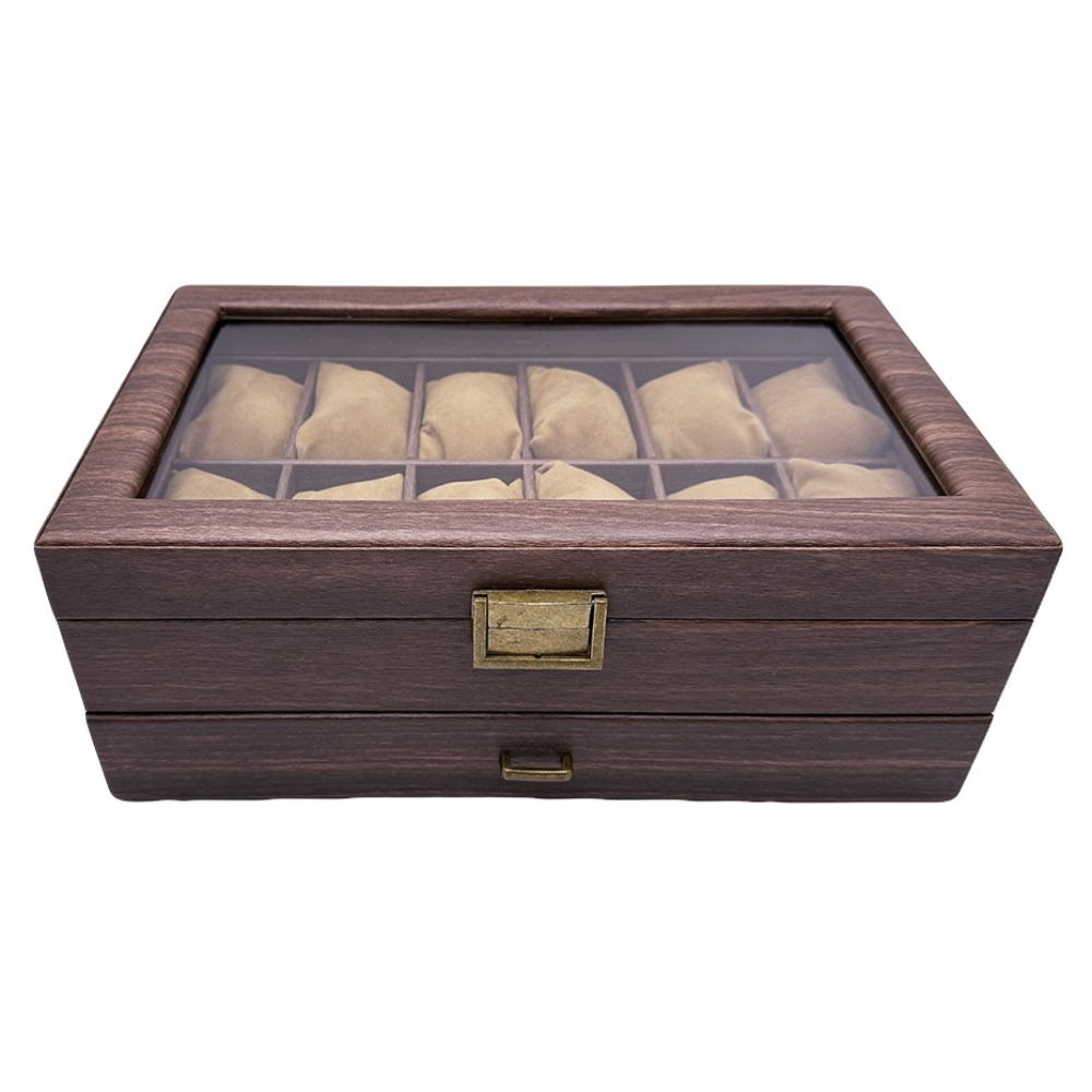 ORGANIZADOR DE RELOJES DE MADERA DE 12 COMPARTIMENTOS CON CAJÓN JOYERO Y TAPA DE VIDRIO - 5