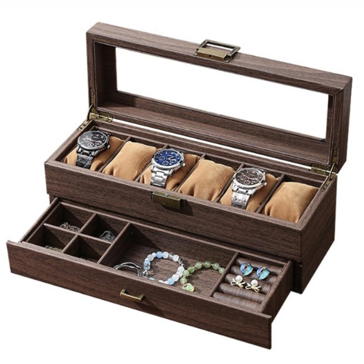 ORGANIZADOR DE RELOJES DE MADERA DE 6 COMPARTIMENTOS CON CAJÓN JOYERO Y TAPA DE VIDRIO - 1
