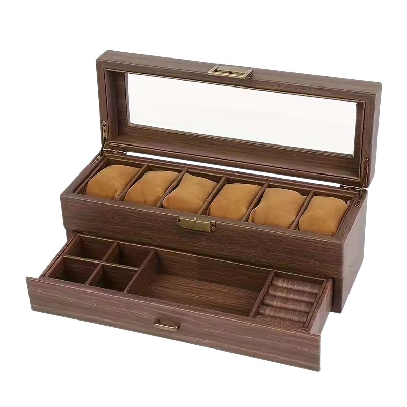 ORGANIZADOR DE RELOJES DE MADERA DE 6 COMPARTIMENTOS CON CAJÓN JOYERO Y TAPA DE VIDRIO - 2