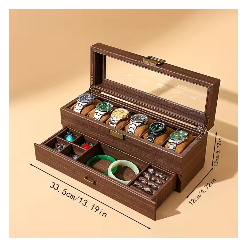 ORGANIZADOR DE RELOJES DE MADERA DE 6 COMPARTIMENTOS CON CAJÓN JOYERO Y TAPA DE VIDRIO - 3