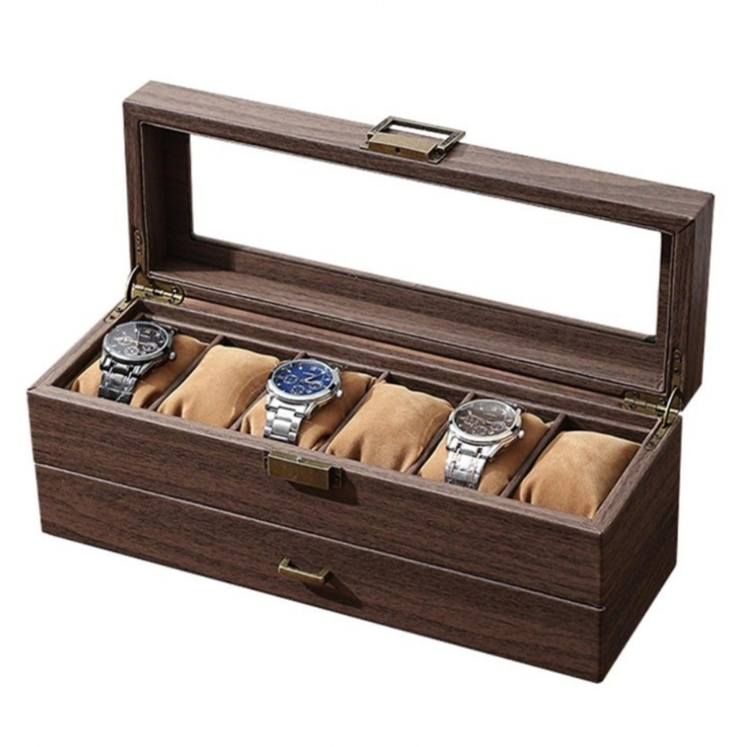 ORGANIZADOR DE RELOJES DE MADERA DE 6 COMPARTIMENTOS CON CAJÓN JOYERO Y TAPA DE VIDRIO - 4