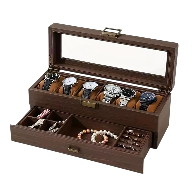 ORGANIZADOR DE RELOJES DE MADERA DE 6 COMPARTIMENTOS CON CAJÓN JOYERO Y TAPA DE VIDRIO - 5