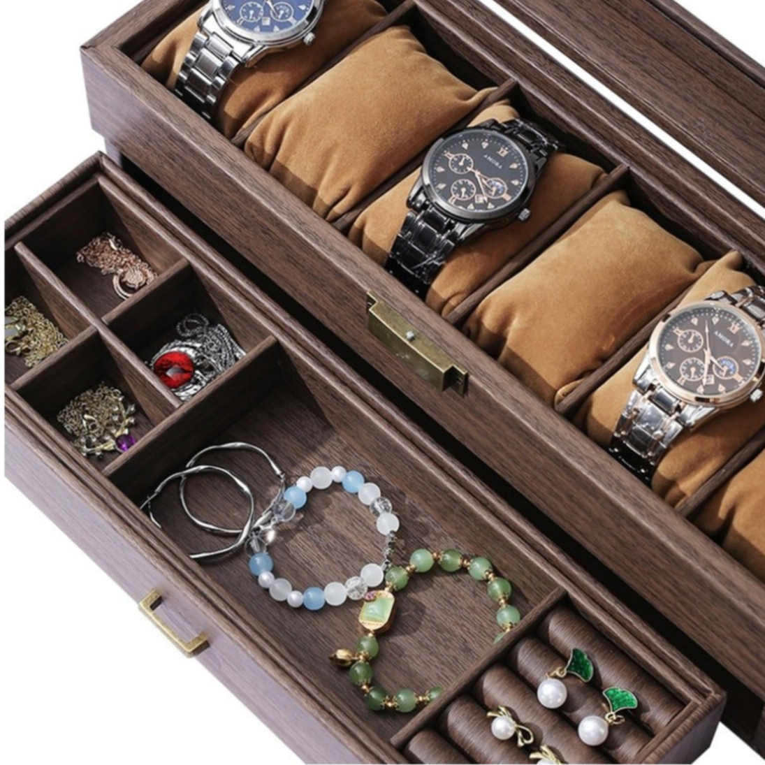 ORGANIZADOR DE RELOJES DE MADERA DE 6 COMPARTIMENTOS CON CAJÓN JOYERO Y TAPA DE VIDRIO - 6