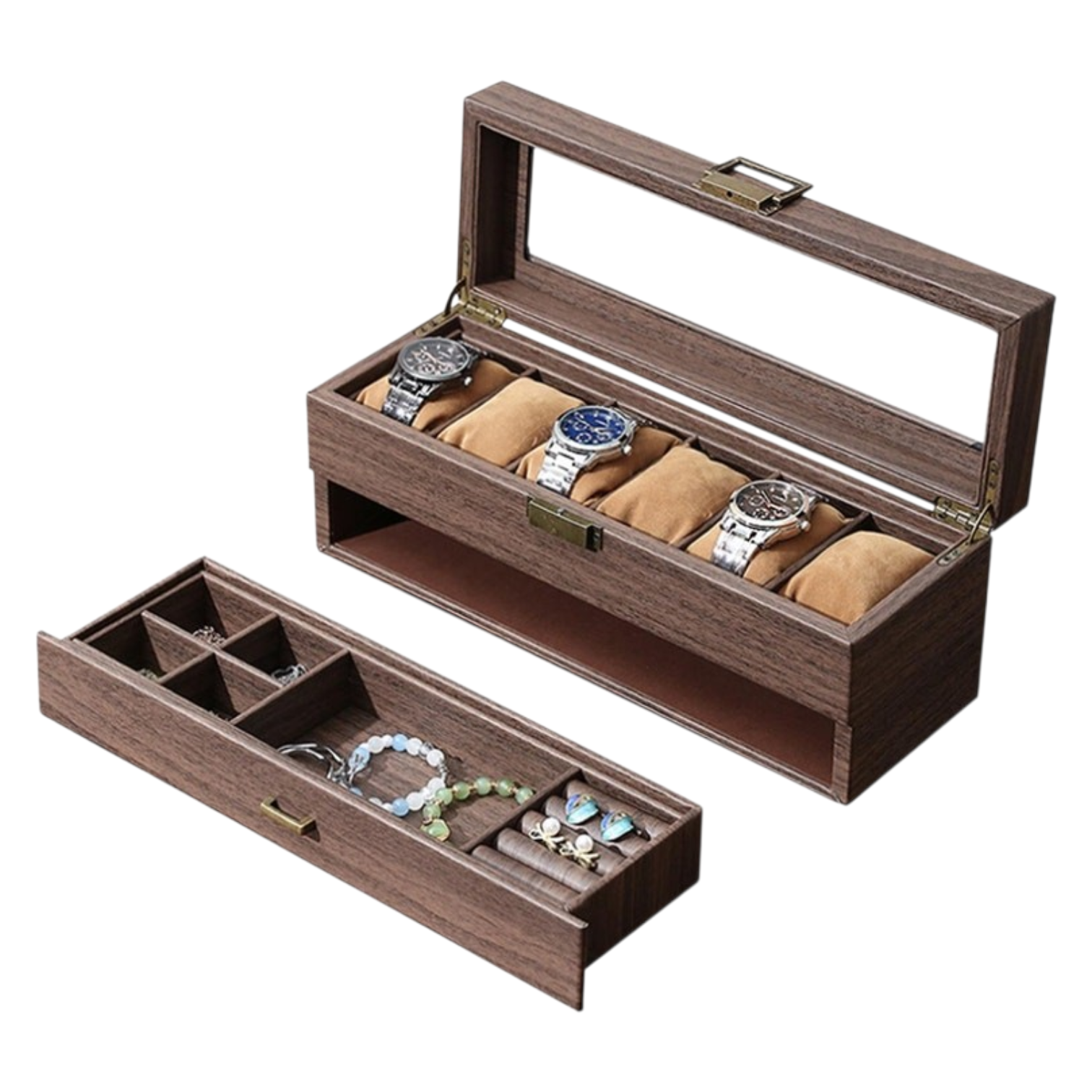 ORGANIZADOR DE RELOJES DE MADERA DE 6 COMPARTIMENTOS CON CAJÓN JOYERO Y TAPA DE VIDRIO - 7