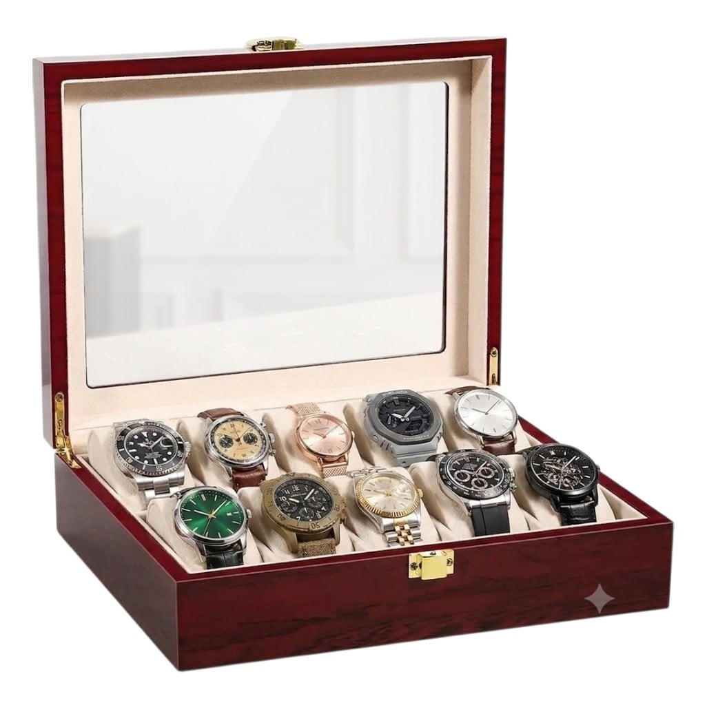 PORTA RELOJ PREMIUM DE MADERA PARA 10 UNIDADES - TAPA DE VIDRIO - 1