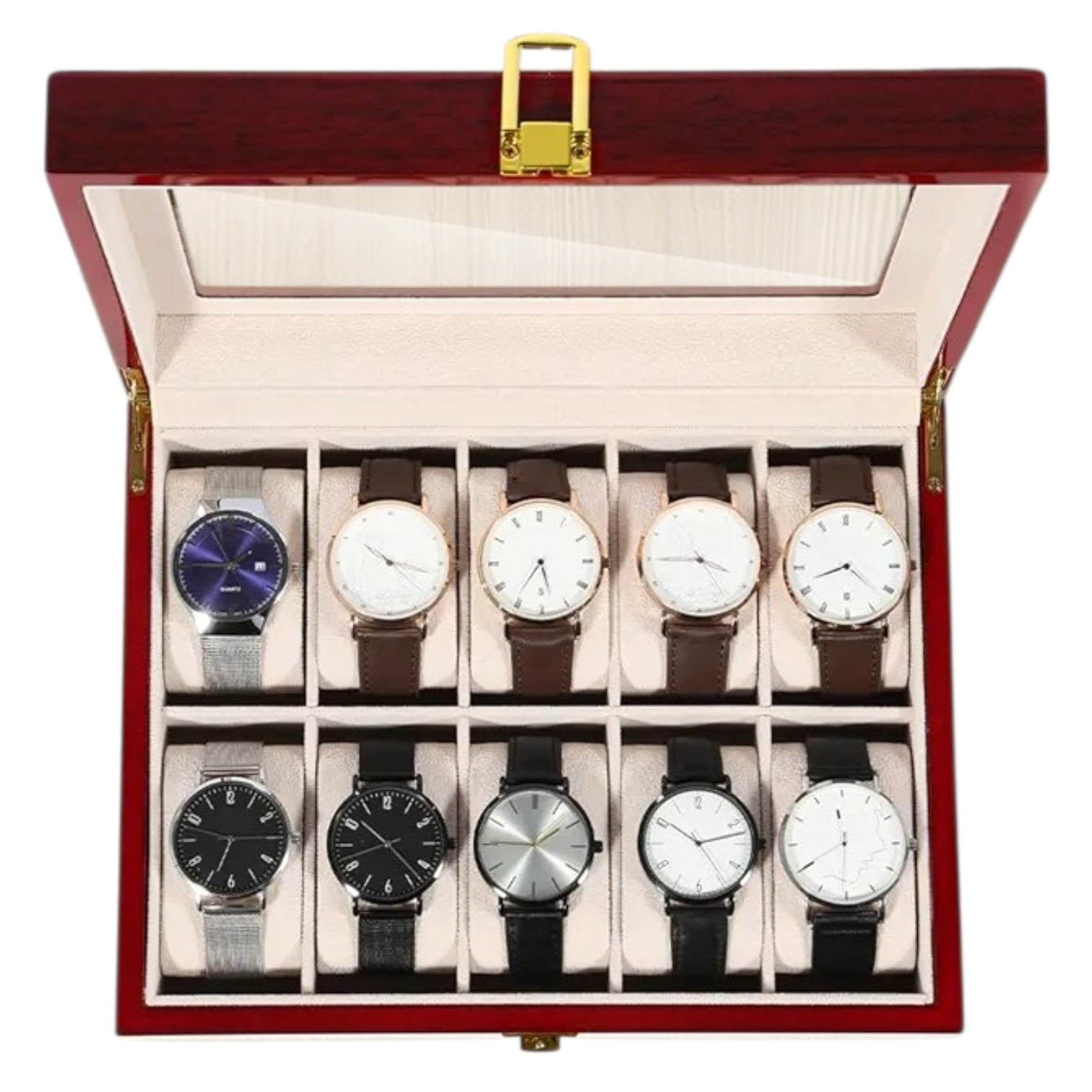 PORTA RELOJ PREMIUM DE MADERA PARA 10 UNIDADES - TAPA DE VIDRIO - 2