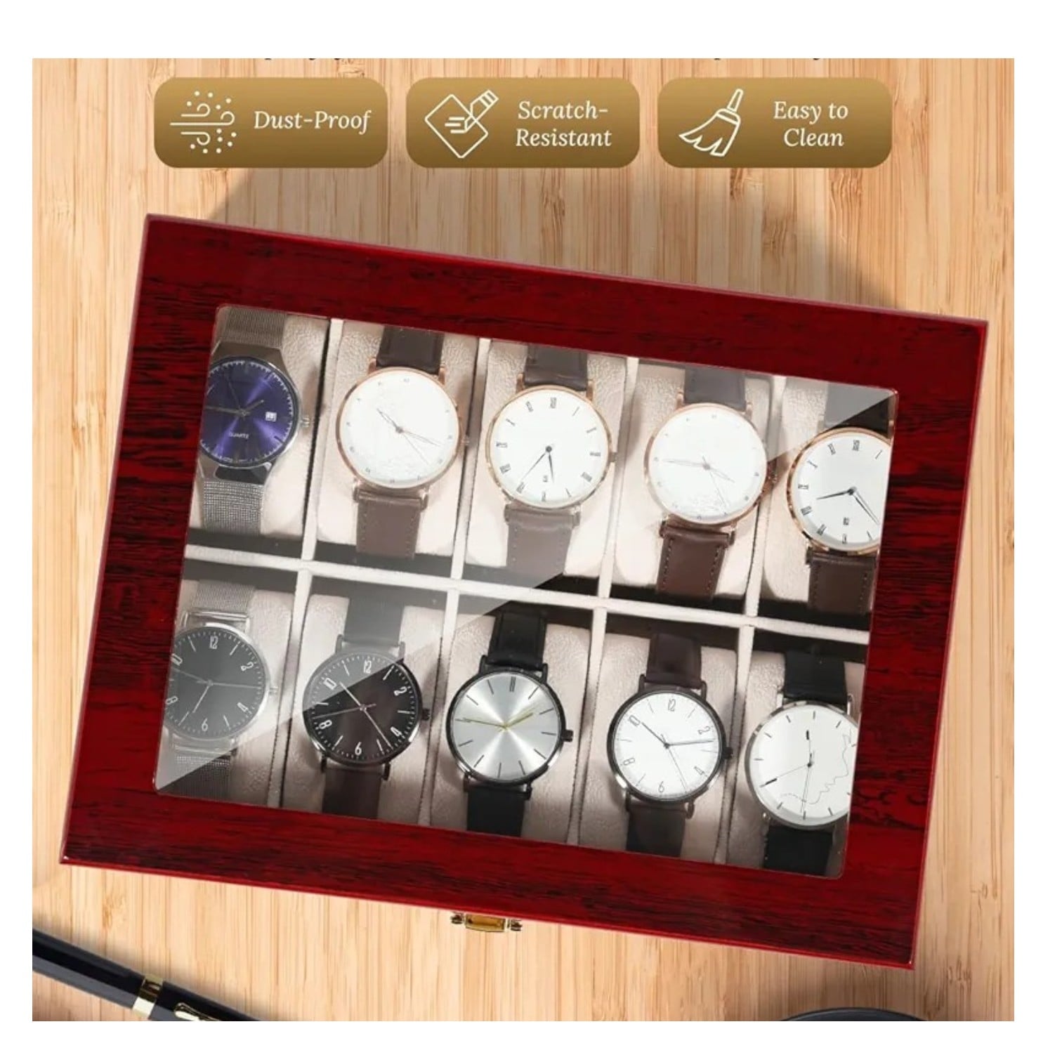 PORTA RELOJ PREMIUM DE MADERA PARA 10 UNIDADES - TAPA DE VIDRIO - 3