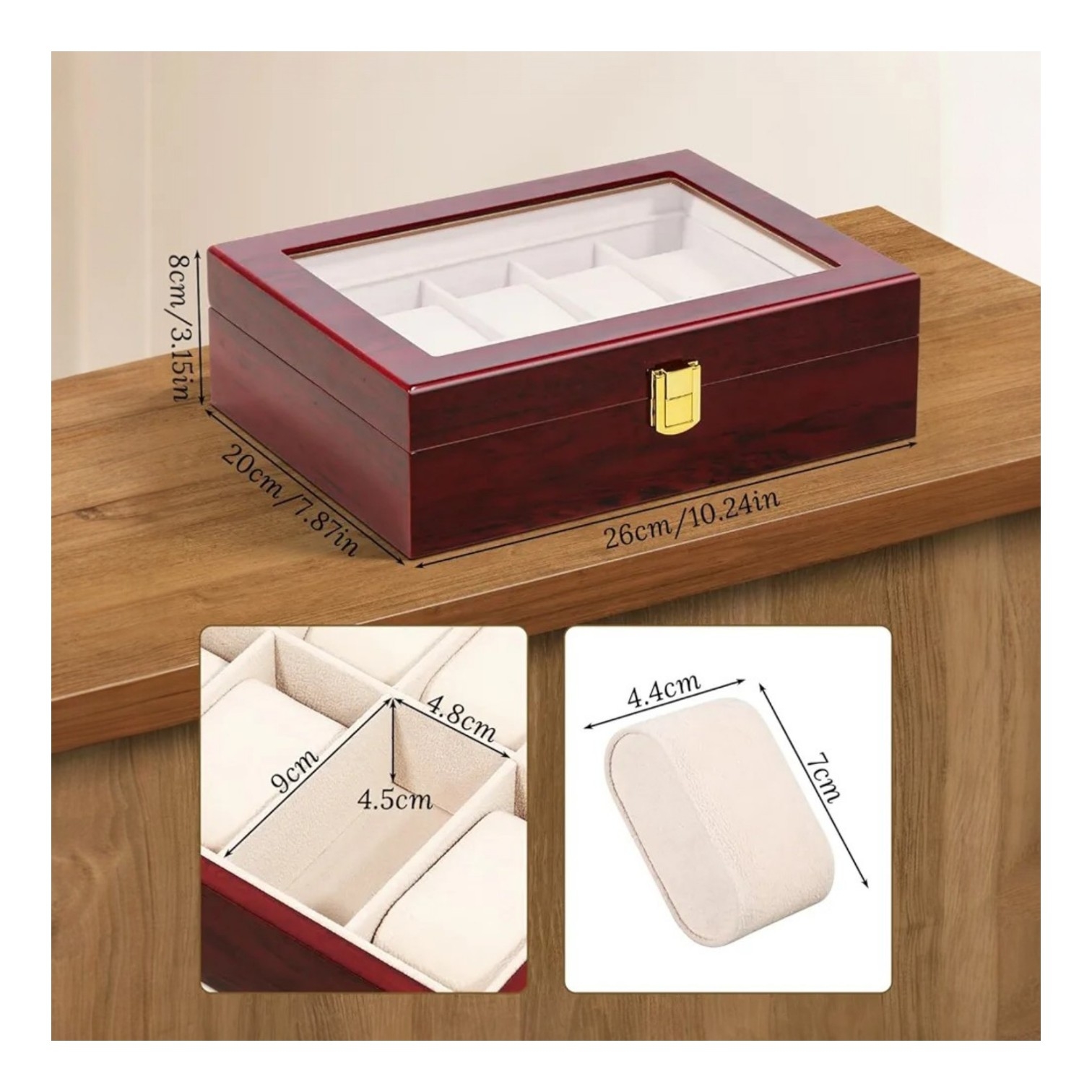 PORTA RELOJ PREMIUM DE MADERA PARA 10 UNIDADES - TAPA DE VIDRIO - 4