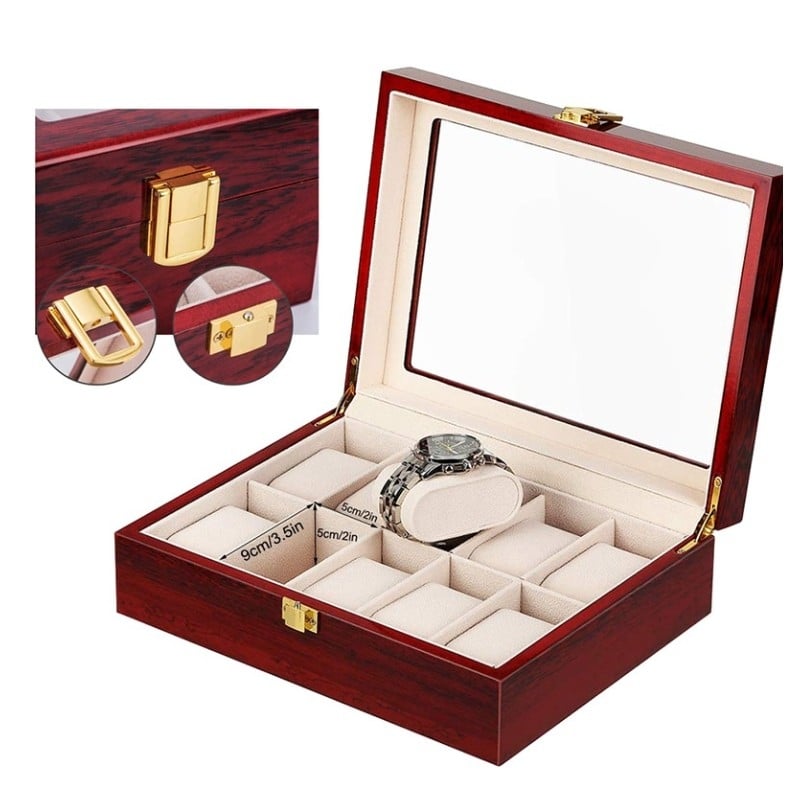 PORTA RELOJ PREMIUM DE MADERA PARA 10 UNIDADES - TAPA DE VIDRIO - 5