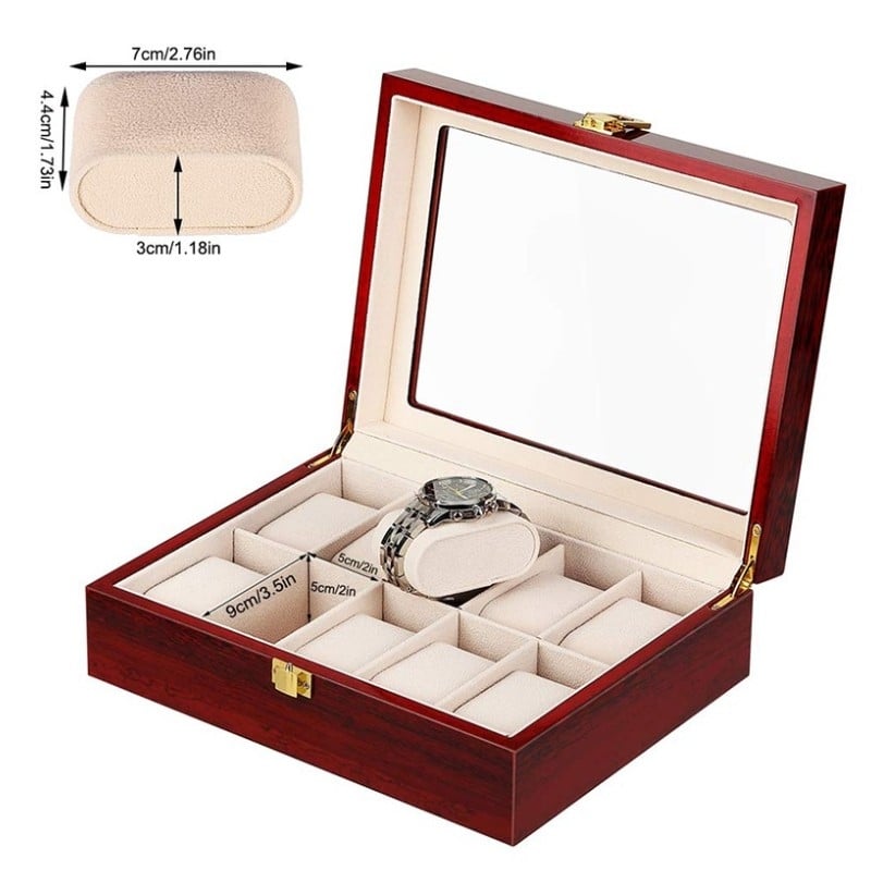 PORTA RELOJ PREMIUM DE MADERA PARA 10 UNIDADES - TAPA DE VIDRIO - 6