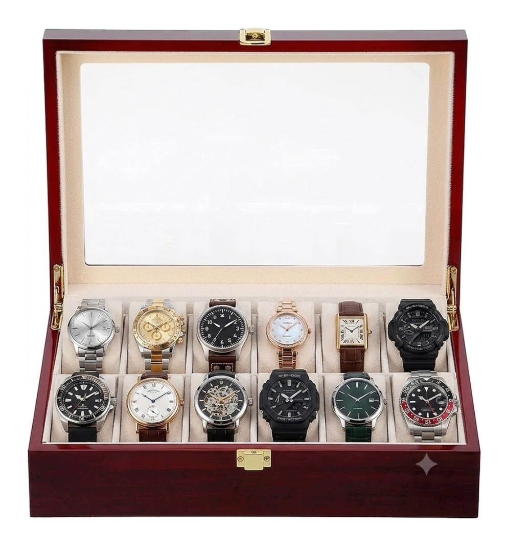 PORTA RELOJ PREMIUM DE MADERA PARA 12 UNIDADES - TAPA DE VIDRIO - 1