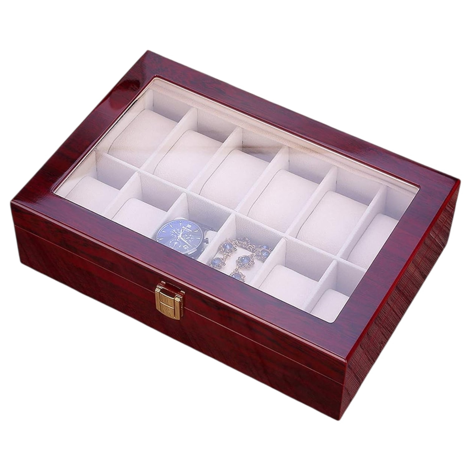 PORTA RELOJ PREMIUM DE MADERA PARA 12 UNIDADES - TAPA DE VIDRIO - 2