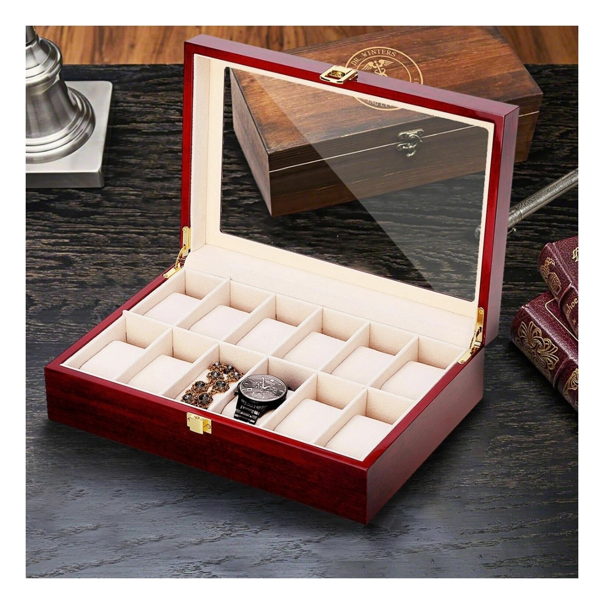 PORTA RELOJ PREMIUM DE MADERA PARA 12 UNIDADES - TAPA DE VIDRIO - 3