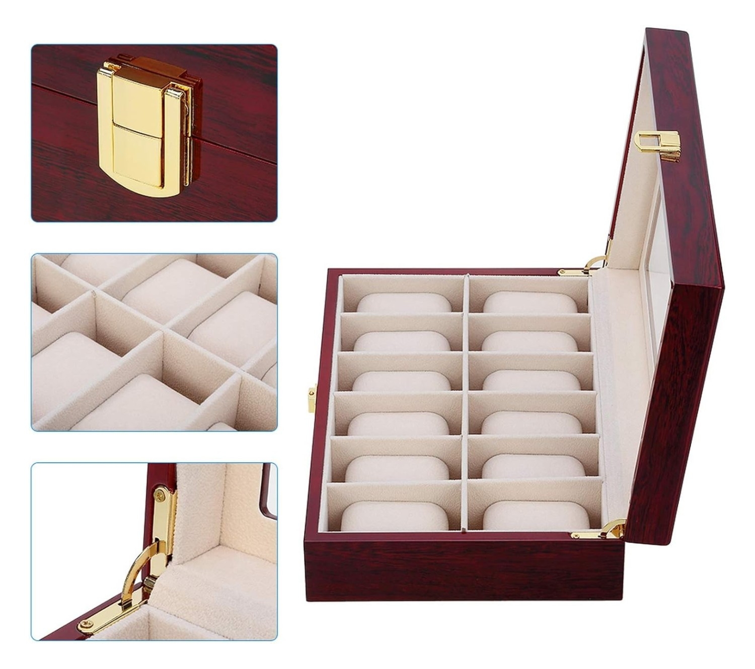 PORTA RELOJ PREMIUM DE MADERA PARA 12 UNIDADES - TAPA DE VIDRIO - 4