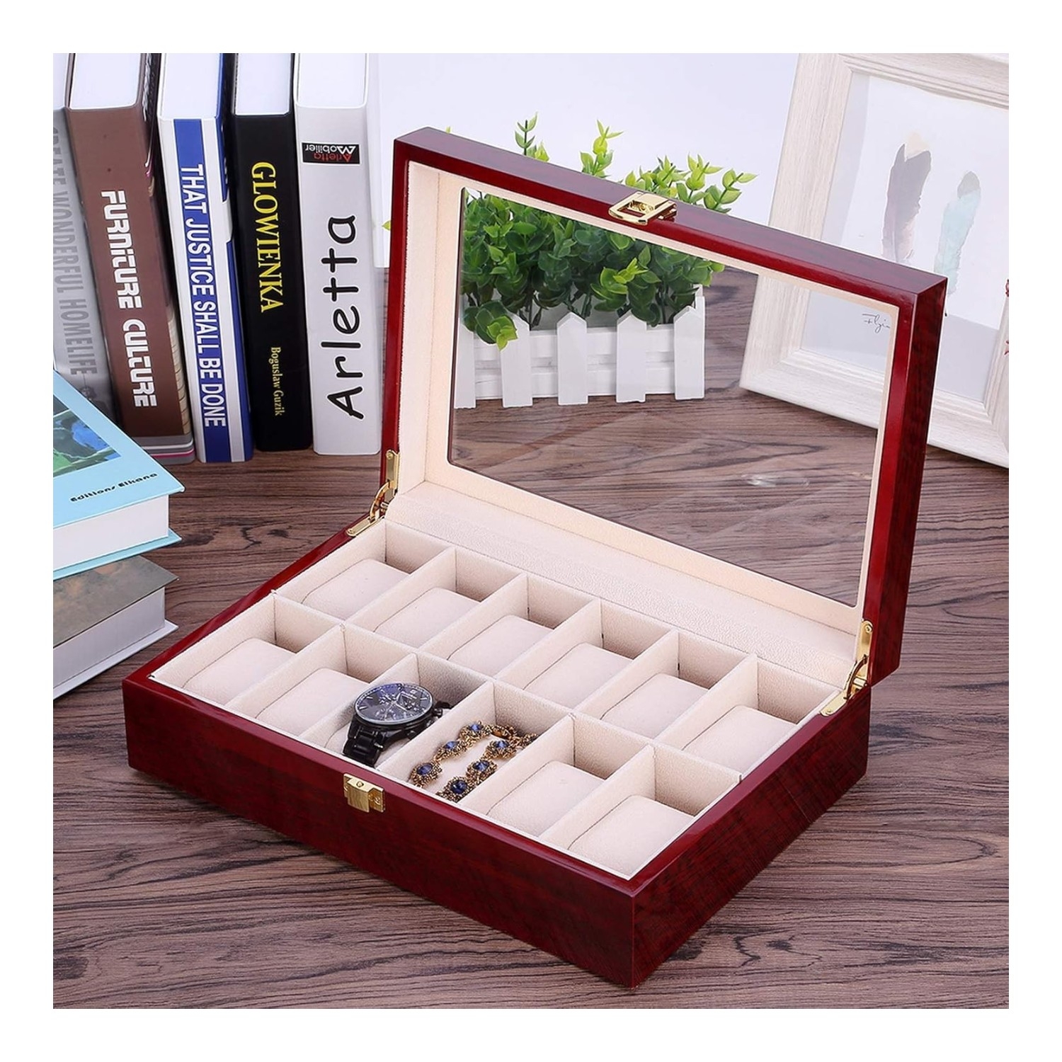 PORTA RELOJ PREMIUM DE MADERA PARA 12 UNIDADES - TAPA DE VIDRIO - 6
