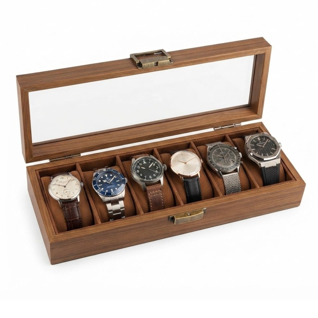 PORTA RELOJ DE 6 COMPARTIMIENTOS DE MADERA PREMIUM - 1