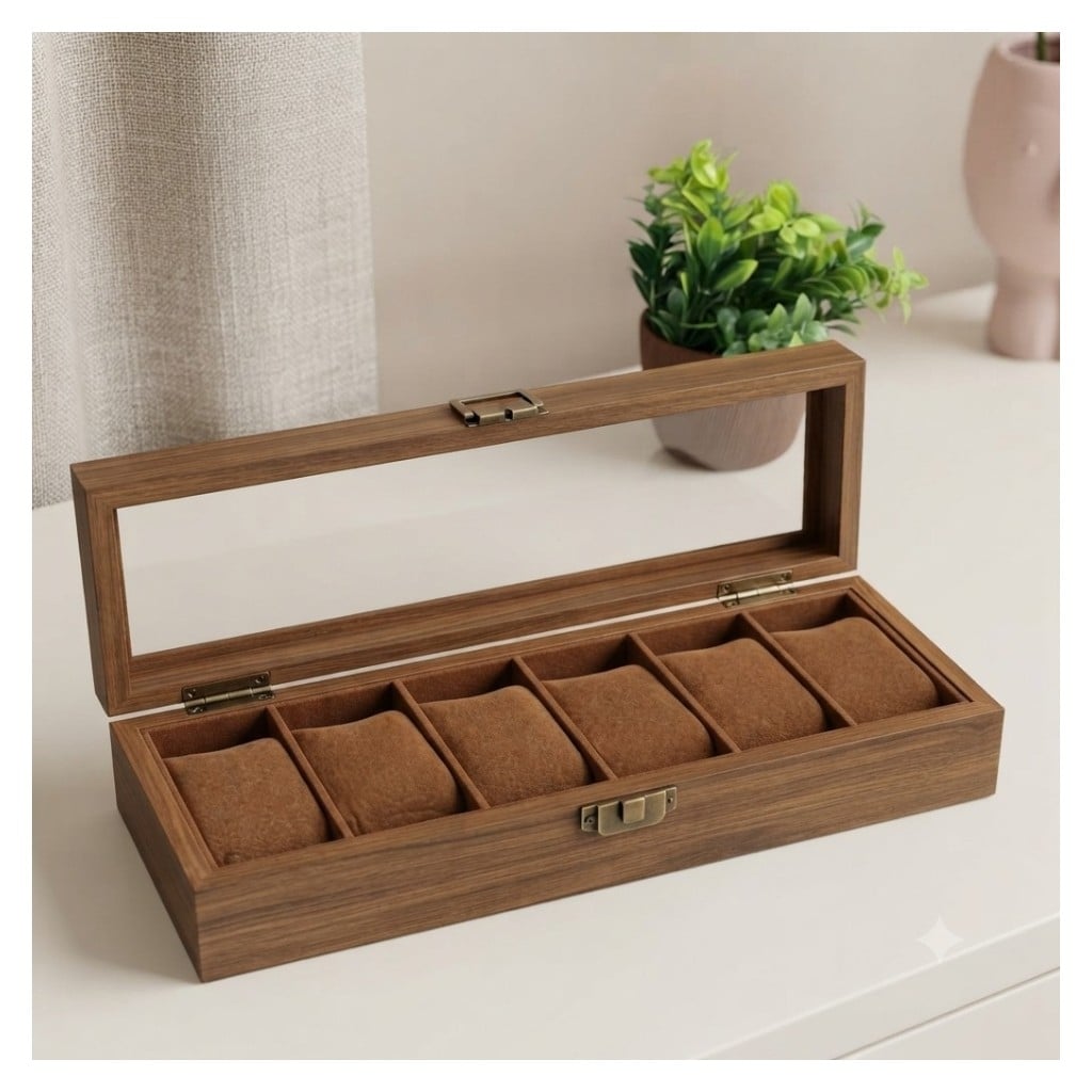 PORTA RELOJ DE 6 COMPARTIMIENTOS DE MADERA PREMIUM - 6