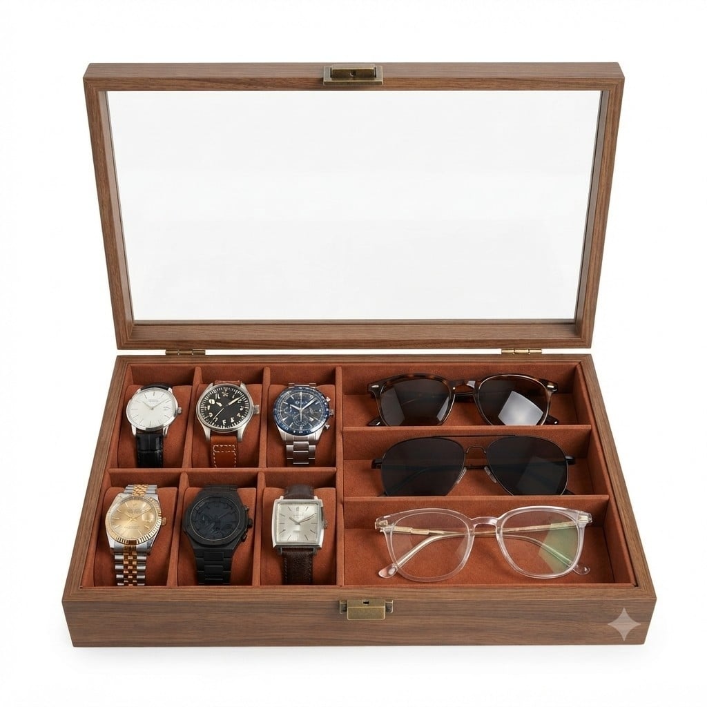 PORTA RELOJ Y LENTES DE MADERA PREMIUM - 1