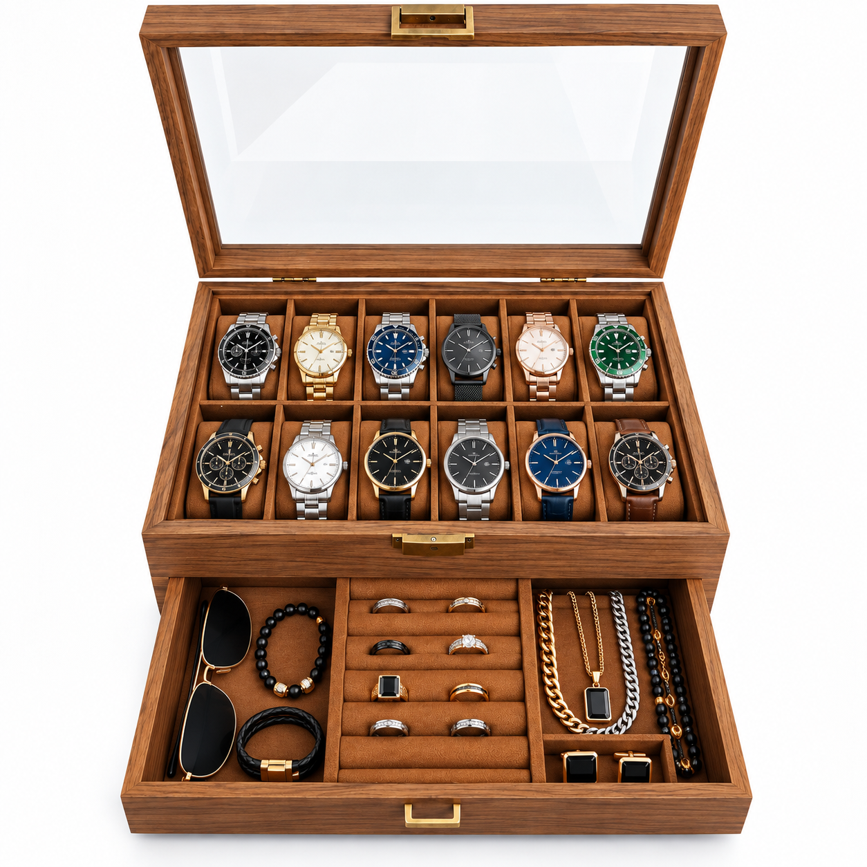 PORTA RELOJES DE MADERA 12 COMPARTIMIENTOS CON CAJÓN PARA JOYAS Y TAPA DE VIDRIO - 1