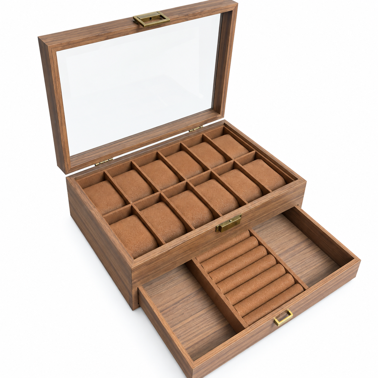 PORTA RELOJES DE MADERA 12 COMPARTIMIENTOS CON CAJÓN PARA JOYAS Y TAPA DE VIDRIO - 2