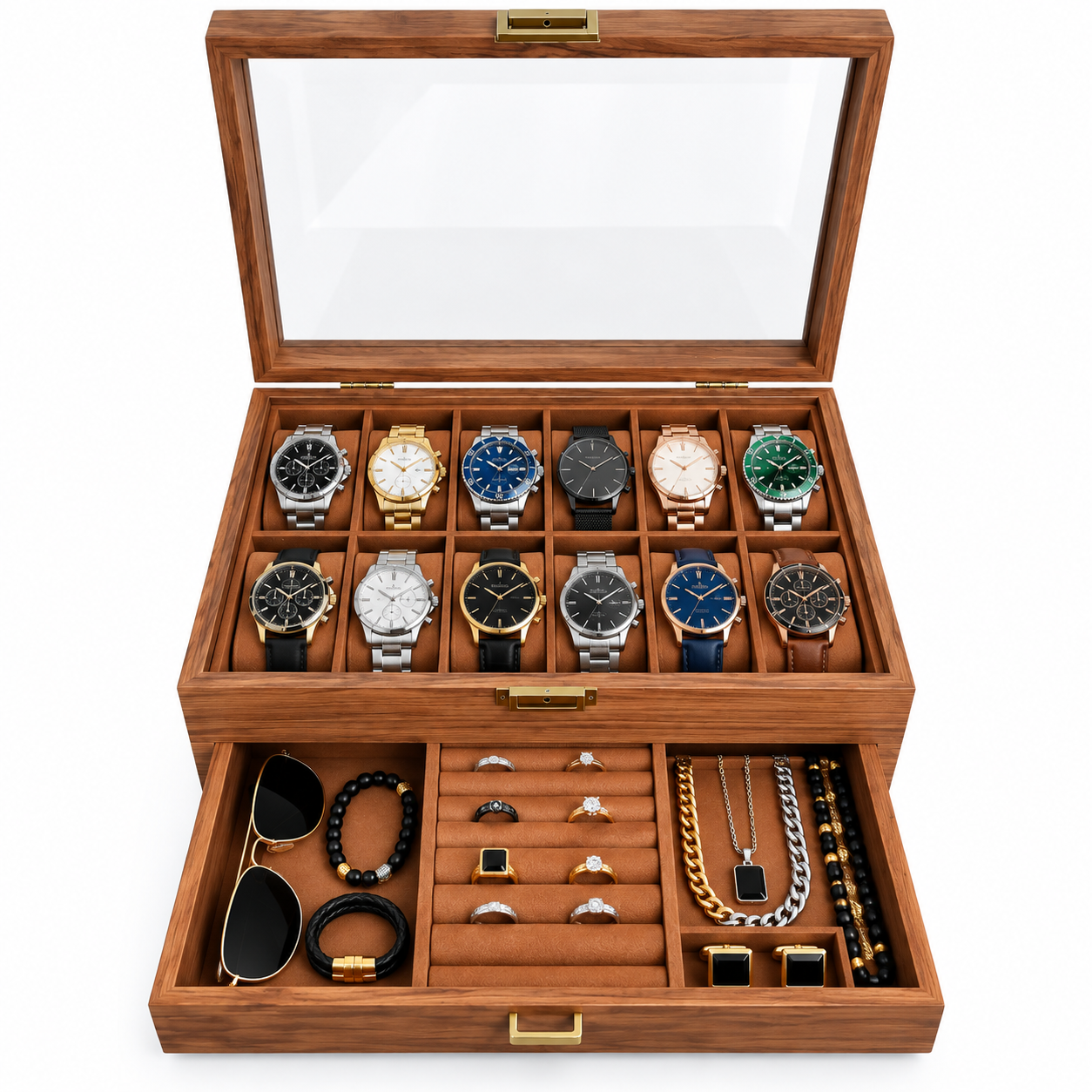 PORTA RELOJES DE MADERA 12 COMPARTIMIENTOS CON CAJÓN PARA JOYAS Y TAPA DE VIDRIO - 3