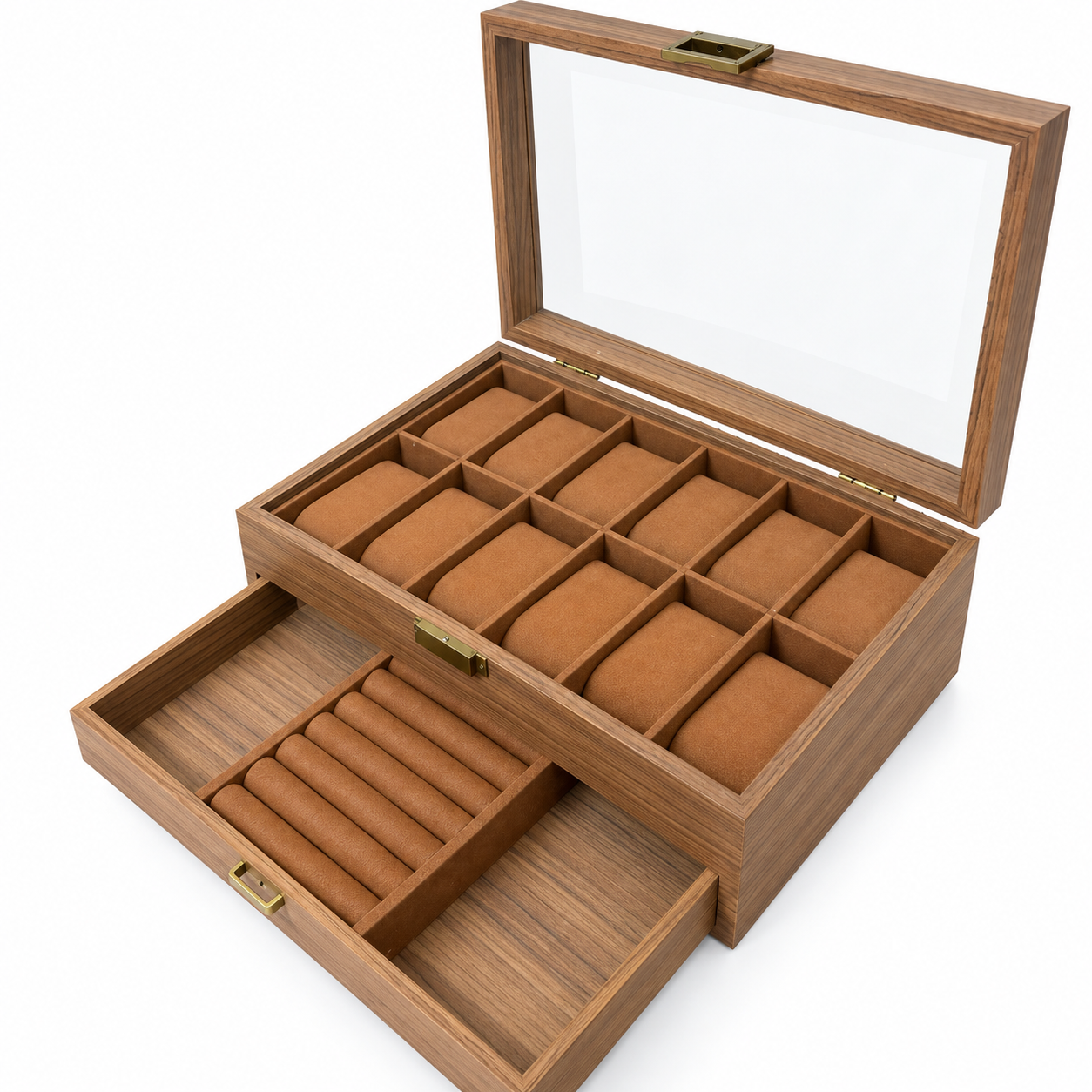 PORTA RELOJES DE MADERA 12 COMPARTIMIENTOS CON CAJÓN PARA JOYAS Y TAPA DE VIDRIO - 4
