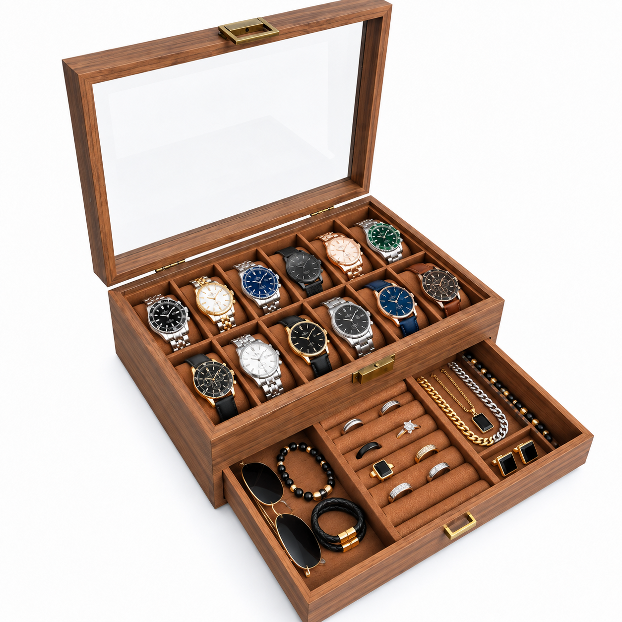 PORTA RELOJES DE MADERA 12 COMPARTIMIENTOS CON CAJÓN PARA JOYAS Y TAPA DE VIDRIO - 5
