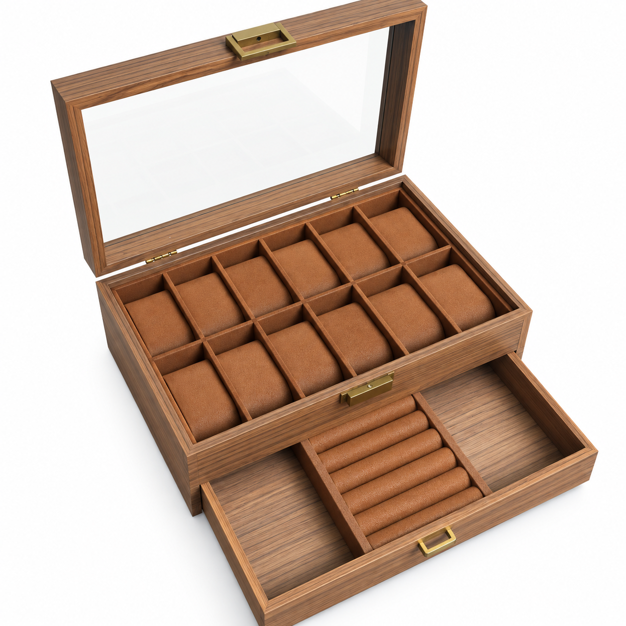 PORTA RELOJES DE MADERA 12 COMPARTIMIENTOS CON CAJÓN PARA JOYAS Y TAPA DE VIDRIO - 6