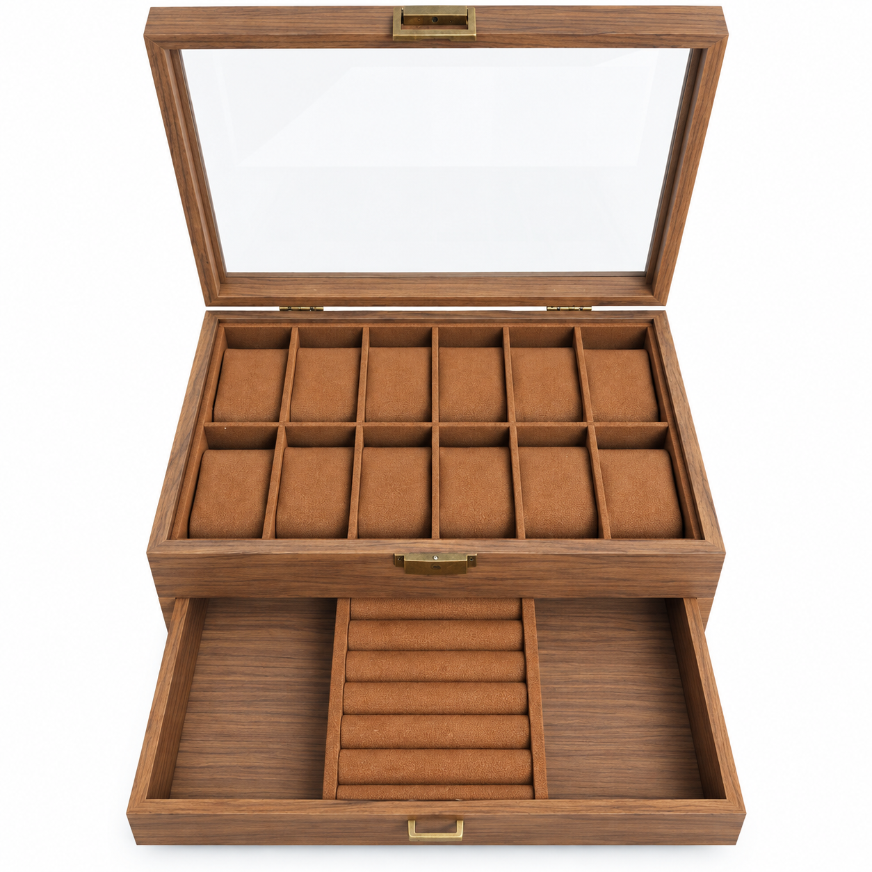 PORTA RELOJES DE MADERA 12 COMPARTIMIENTOS CON CAJÓN PARA JOYAS Y TAPA DE VIDRIO - 7