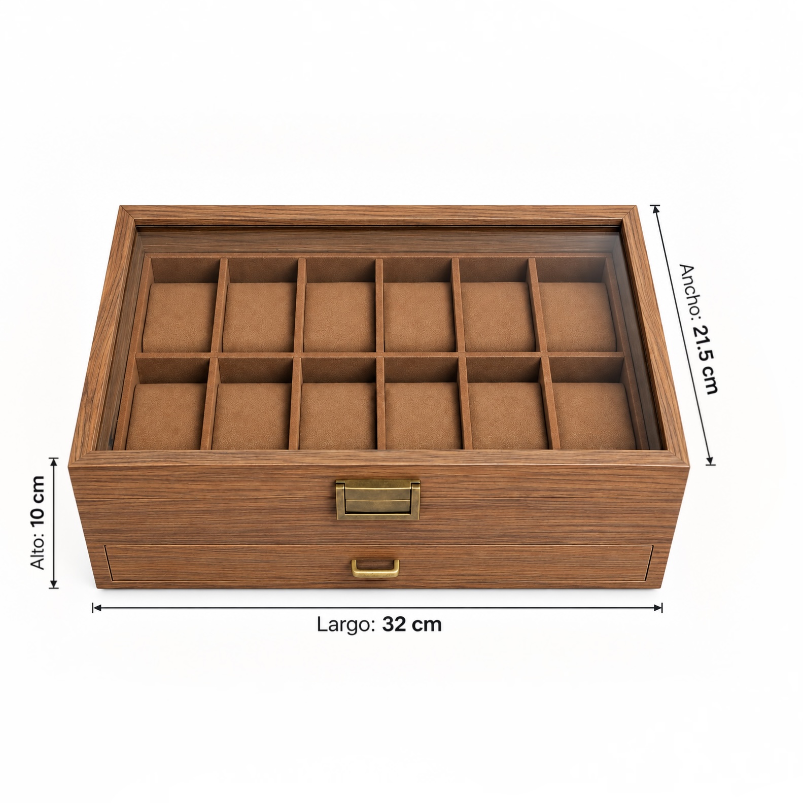PORTA RELOJES DE MADERA 12 COMPARTIMIENTOS CON CAJÓN PARA JOYAS Y TAPA DE VIDRIO - 8