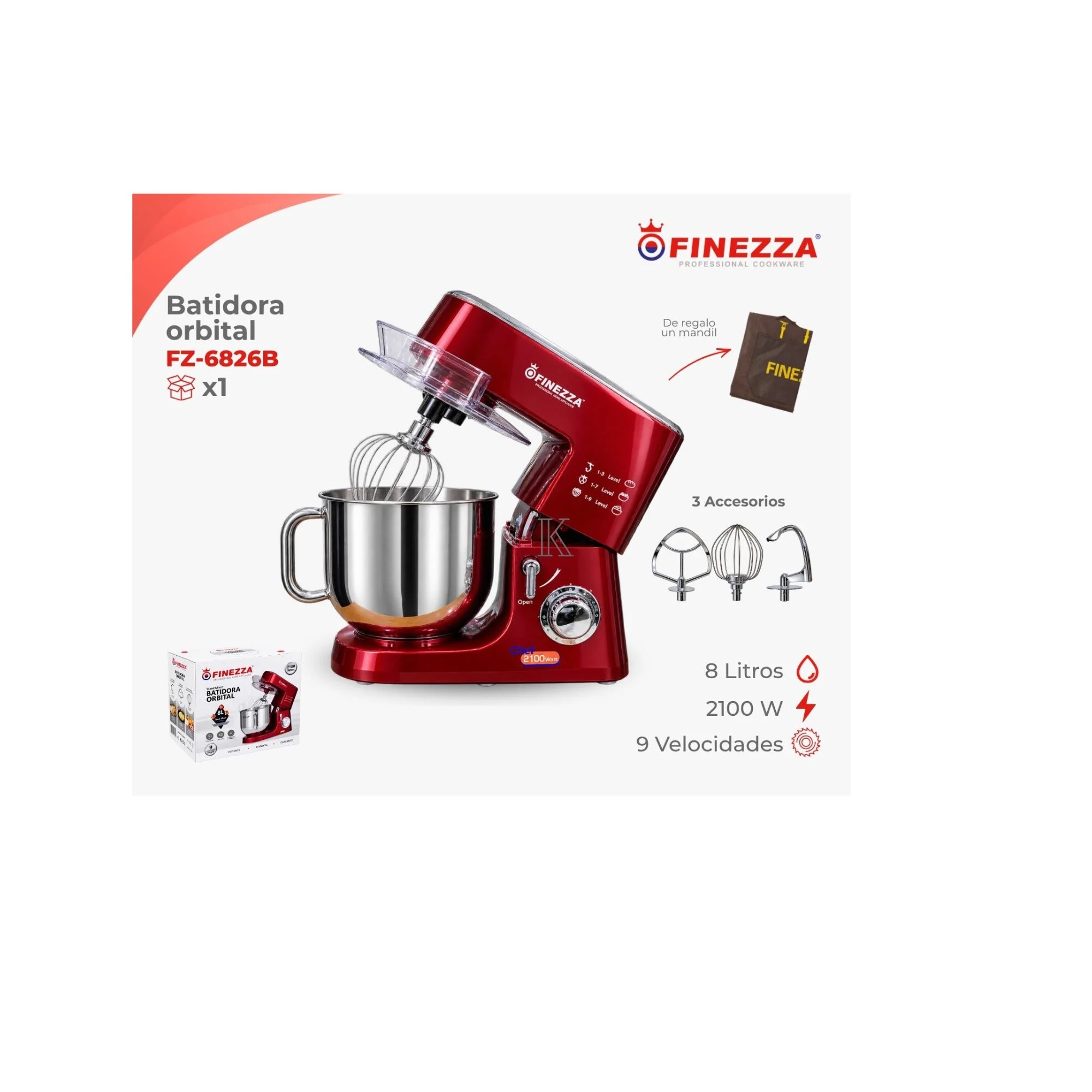 BATIDORA PROFESIONAL ORBITAL FINEZZA FZ-6826B 8L 2100W 9 VELOCIDADES ROJA - 2