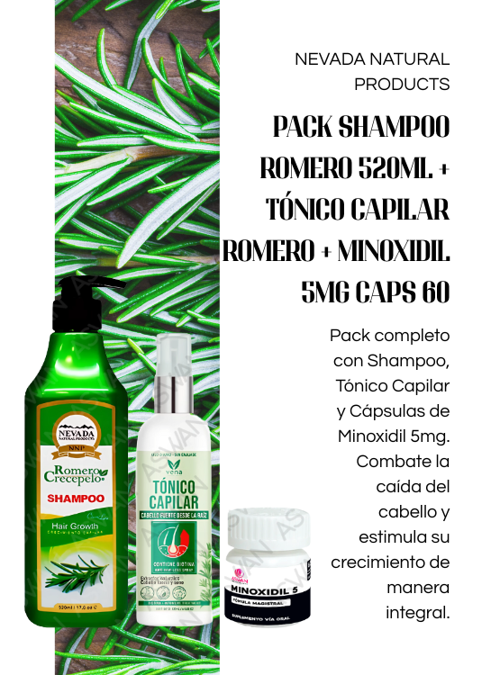PACK SHAMPOO ROMERO 520ML + TÓNICO CAPILAR ROMERO + MINOXIDIL 5MG CAPS 60 - 5