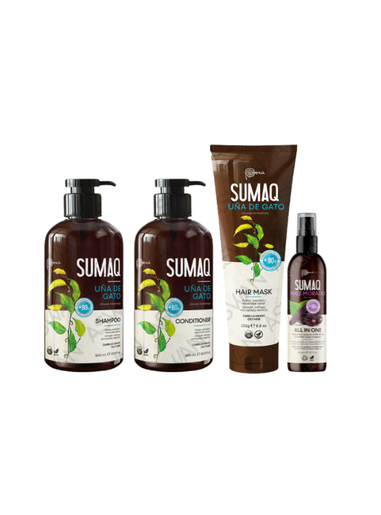 KIT DE UÑA DE GATO - SHAMPOO + ACONDICIONADOR + MASCARILLA + MAIZ MORADO - SUMAQ - 1
