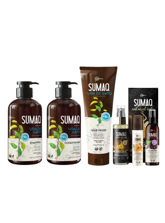 KIT DE UÑA DE GATO - SHAMPOO + ACONDICIONADOR + MASCARILLA + ACEITE + BIFASICO + MAIZ MORADO - SUMAQ - 1
