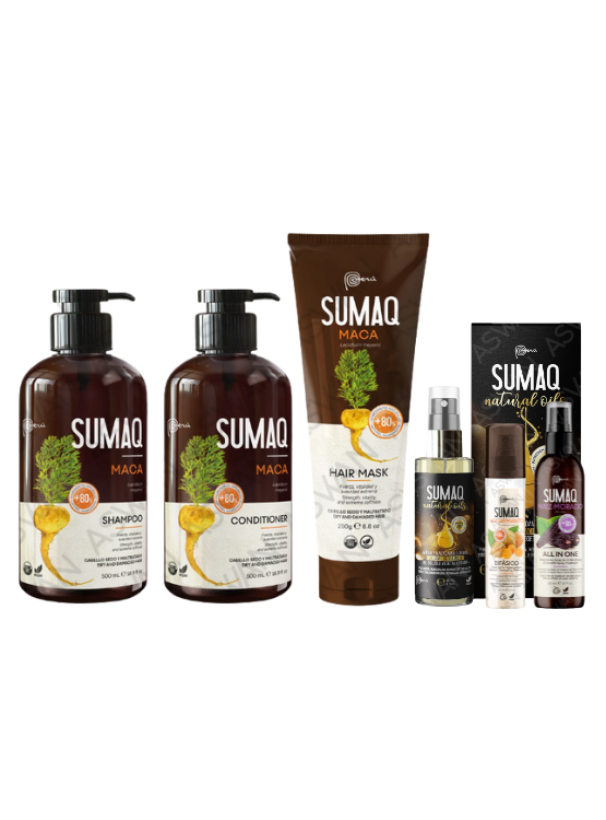 KIT DE ANCESTRAL MACA - SHAMPOO + ACONDICIONADOR + MASCARILLA + ACEITE + BIFASICO + MAIZ MORADO - SUMAQ - 1