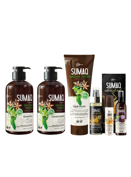 KIT DE SACHA INCHI - SHAMPOO + ACONDICIONADOR + MASCARILLA + ACEITE + BIFASICO + MAIZ MORADO - SUMAQ - 1