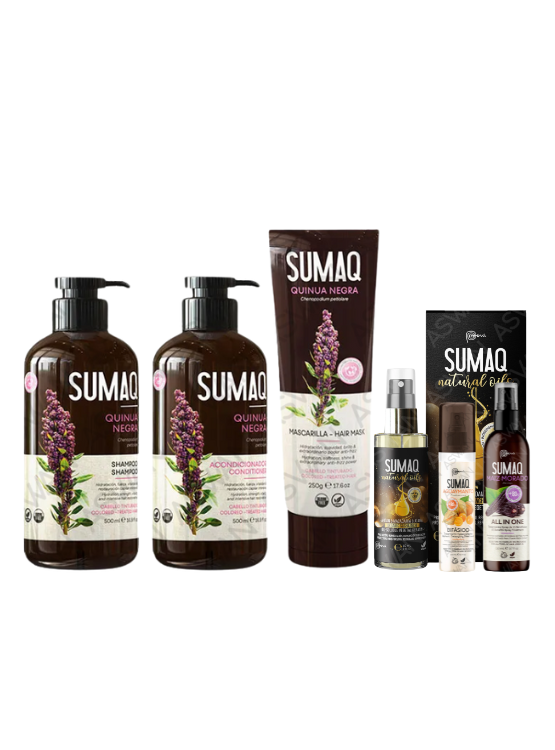 KIT DE QUINUA NEGRA - SHAMPOO + ACONDICIONADOR + MASCARILLA + ACEITE + BIFASICO + MAIZ MORADO - SUMAQ - 1