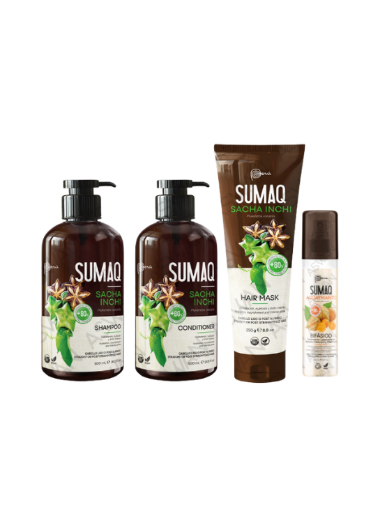 KIT DE SACHA INCHI - SHAMPOO + ACONDICIONADOR + MASCARILLA + BIFASICO - SUMAQ - 1