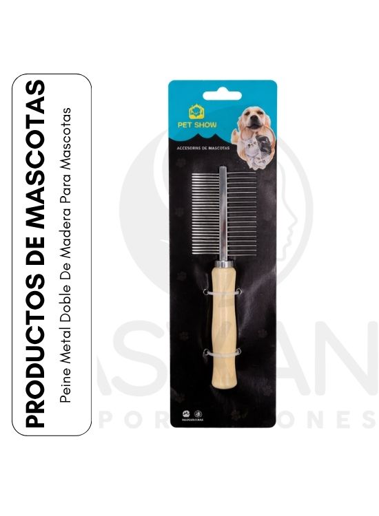 PEINE METAL DOBLE DE MADERA PARA MASCOTAS - 1
