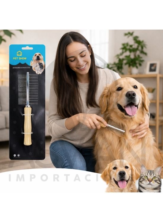 PEINE METAL DOBLE DE MADERA PARA MASCOTAS - 3