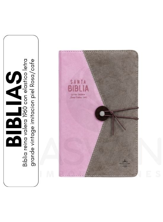 BIBLIA REINA VALERA 1960 CON ELASTICO LETRA GRANDE VINTAGE IMITACION PIEL ROSA/CAFE - 1