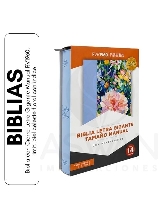 BIBLIA CON CIERRE LETRA GIGANTE MANUAL RV1960, IMIT. PIEL CELESTE FLORAL CON ÍNDICE - 1
